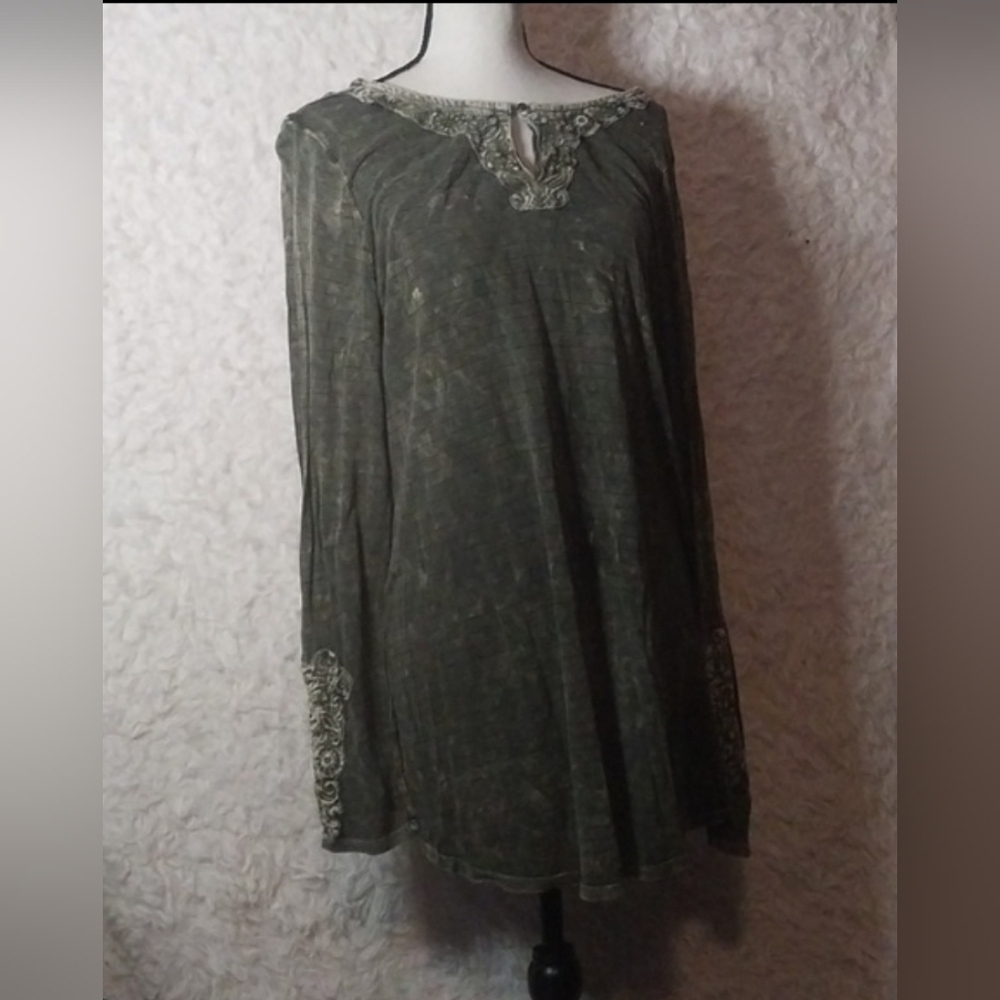 Soft Surroundings Tunic Top Blouse Cotton Boho Embroidered Gray Long Sleeve